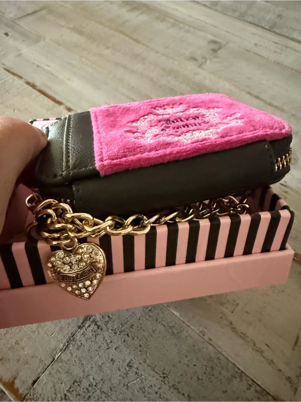 Juicy Couture Pink Velvet and Black Faux Leather Card Wallet